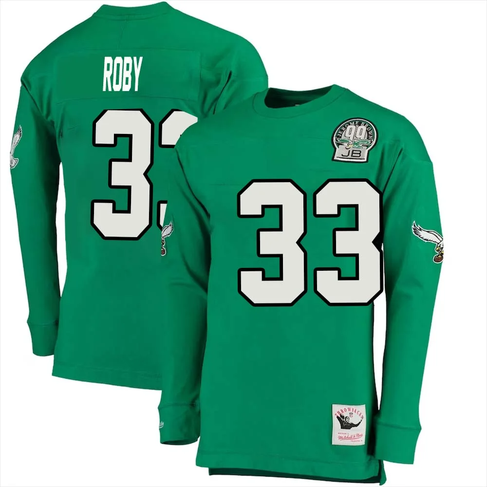 Bradley Roby No 33 Mens Mitchell Ness Kelly Green Philadelphia Eagles Throwback Retired Player Name Number Long Sleeve Top