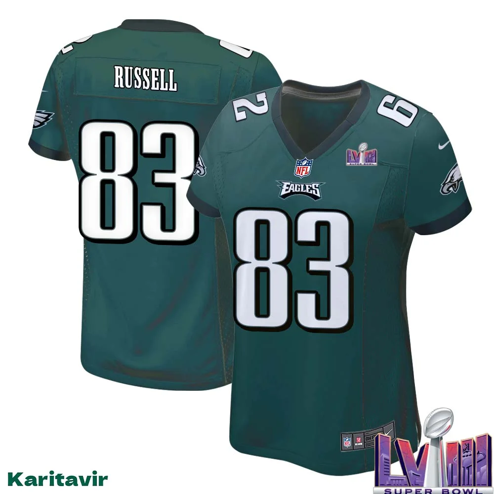 Brady Russell No 83 Women Midnight Green Philadelphia Eagles Super Bowl LVIII Home Game Player Jersey 1
