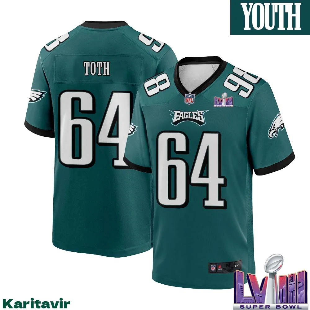 Brett Toth No 64 Youth Midnight Green Philadelphia Eagles Super Bowl LVIII Home Game Player Jersey
