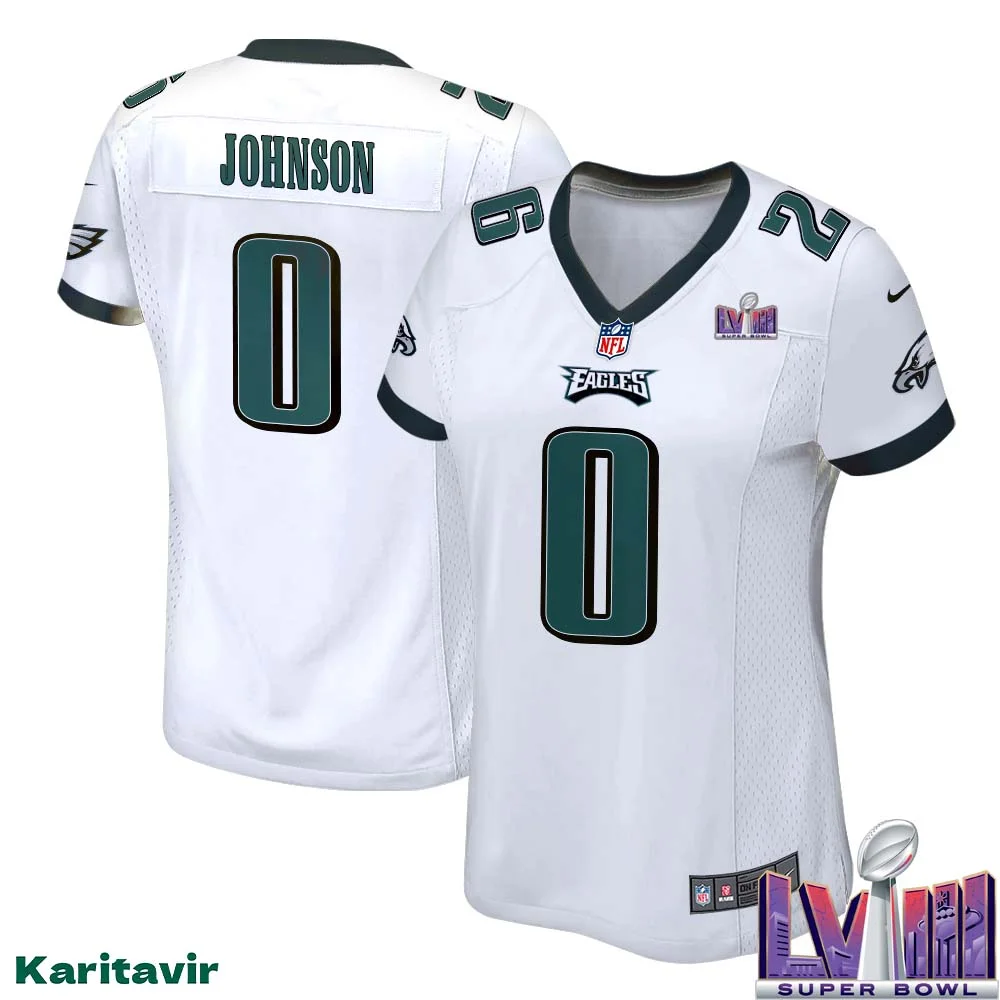 Brian Johnson No 0 Women White Eagles Super Bowl LVIII Away Game Player Jersey
