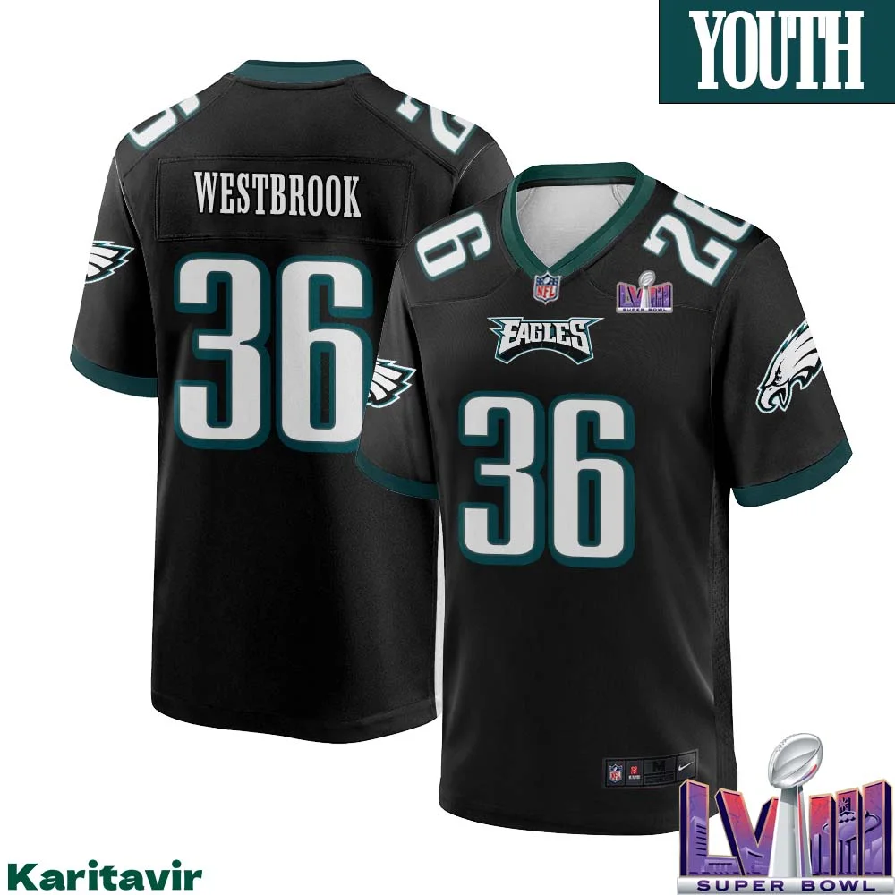 Brian Westbrook No 36 Youth Black Philadelphia Eagles Super Bowl LVIII Alternate Game Player Jersey