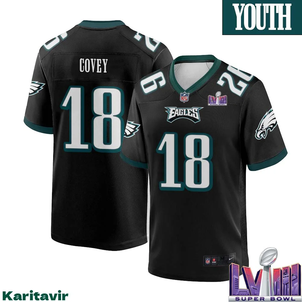 Britain Covey No 18 Youth Black Philadelphia Eagles Super Bowl LVIII Alternate Game Player Jersey 1