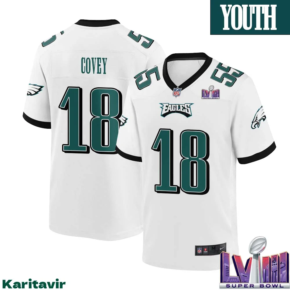 Britain Covey No 18 Youth White Philadelphia Eagles Super Bowl LVIII Away Game Player Jersey