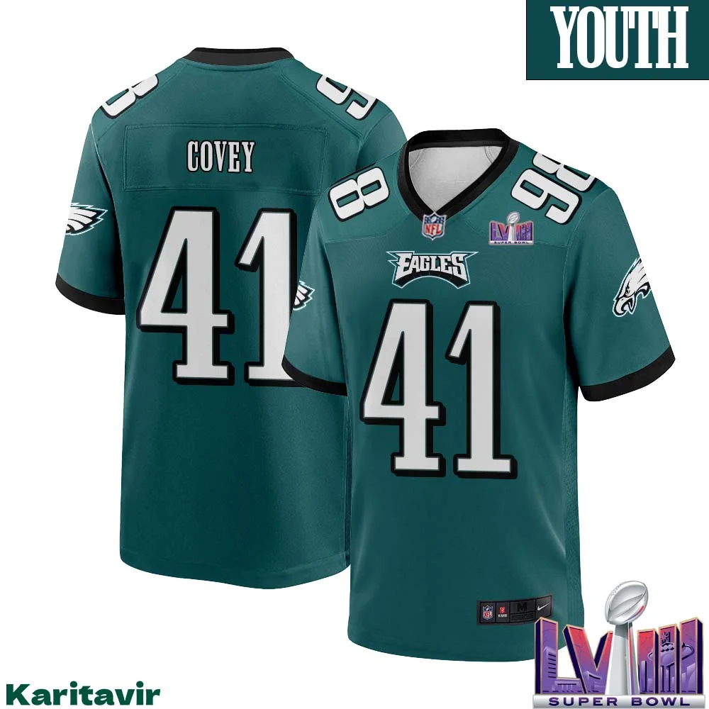 Britain Covey No 41 Youth Midnight Green Philadelphia Eagles Super Bowl LVIII Home Game Player Jersey