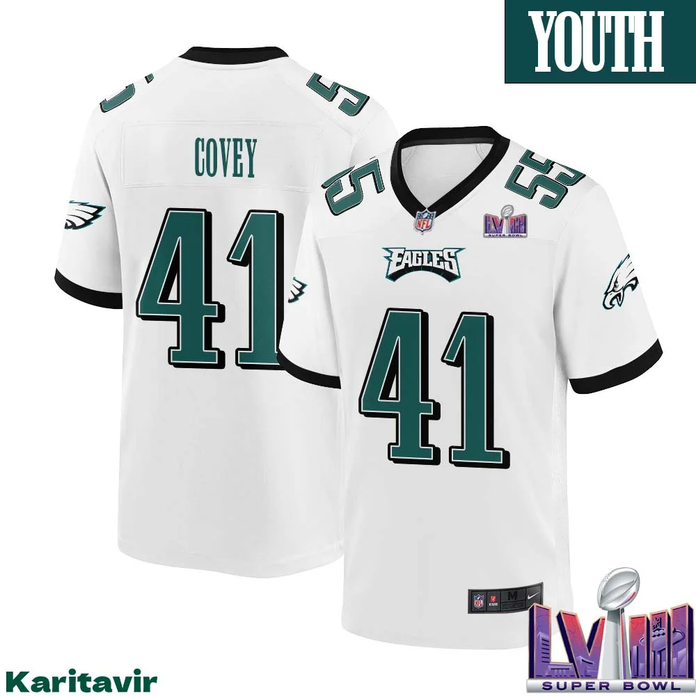 Britain Covey No 41 Youth White Philadelphia Eagles Super Bowl LVIII Away Game Player Jersey 1