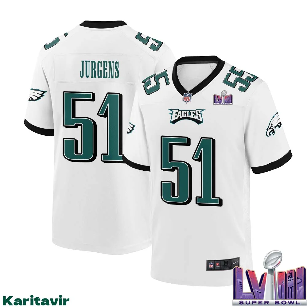 Cam Jurgens No 51 Men White Philadelphia Eagles Super Bowl LVIII Away Game Player Jersey 1