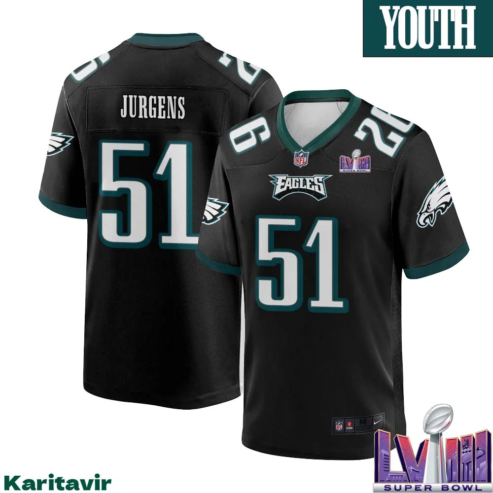 Cam Jurgens No 51 Youth Black Philadelphia Eagles Super Bowl LVIII Alternate Game Player Jersey 1