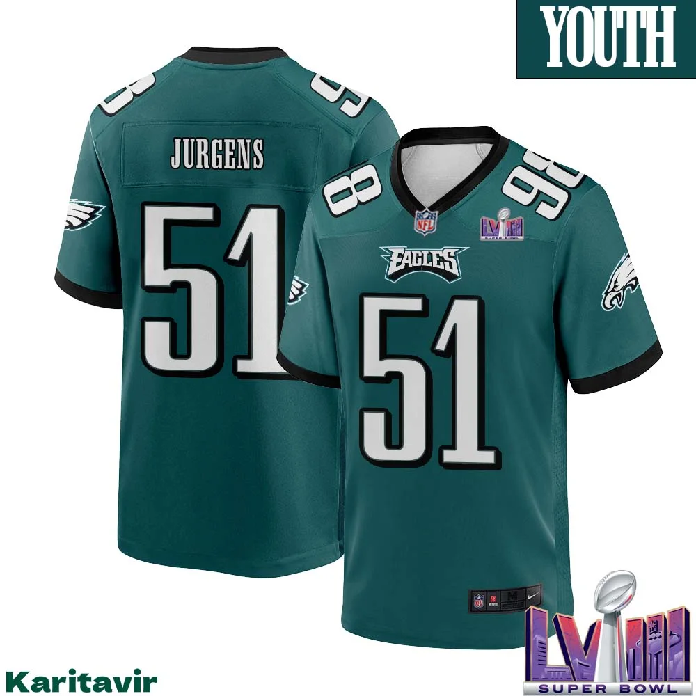 Cam Jurgens No 51 Youth Midnight Green Philadelphia Eagles Super Bowl LVIII Home Game Player Jersey 1