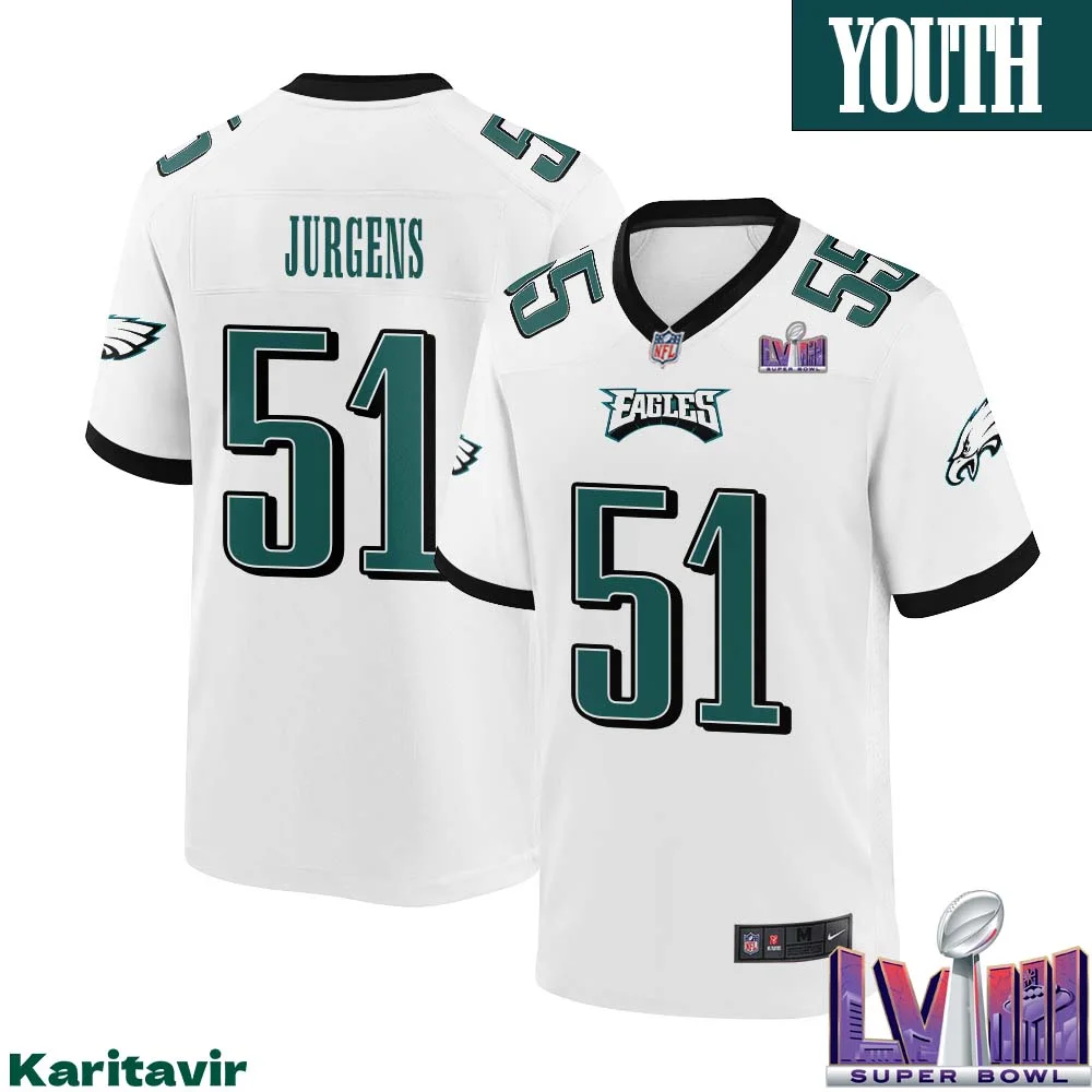Cam Jurgens No 51 Youth White Philadelphia Eagles Super Bowl LVIII Away Game Player Jersey