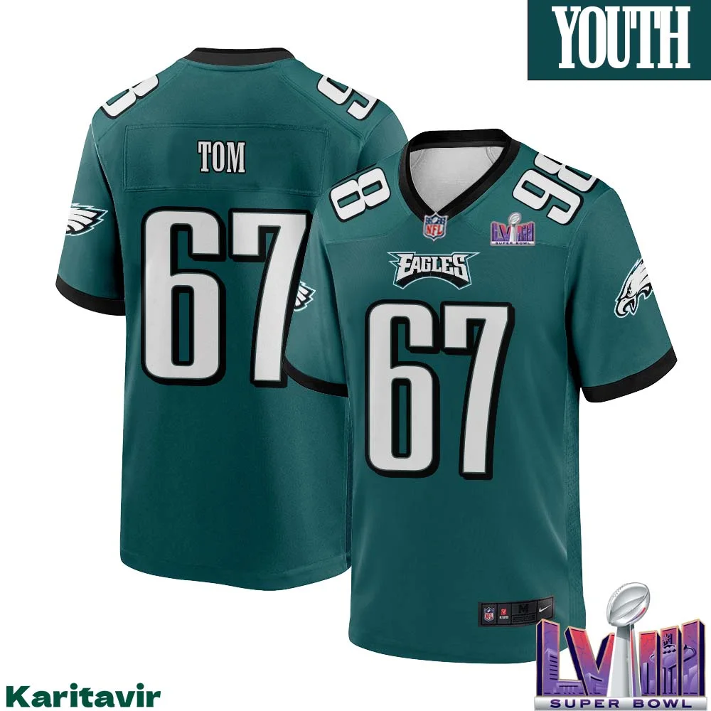 Cameron Tom No 67 Youth Midnight Green Philadelphia Eagles Super Bowl LVIII Home Game Player Jersey