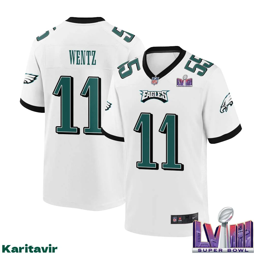 Carson Wentz No 11 Men White Philadelphia Eagles Super Bowl LVIII Away Game Player Jersey 1