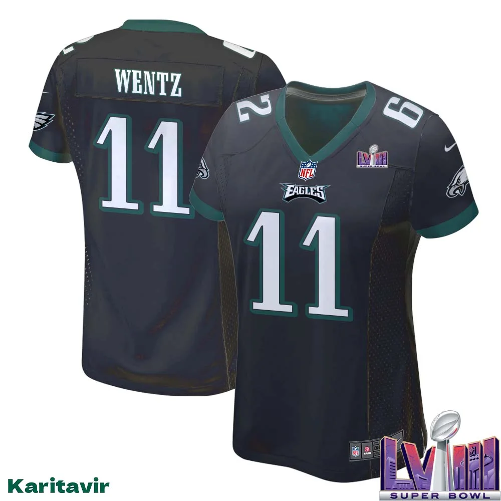 Carson Wentz No 11 Women Black Philadelphia Eagles Super Bowl LVIII Alternate Game Player Jersey