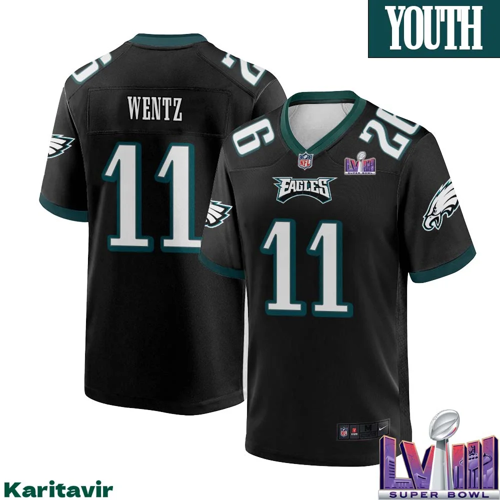 Carson Wentz No 11 Youth Black Philadelphia Eagles Super Bowl LVIII Alternate Game Player Jersey