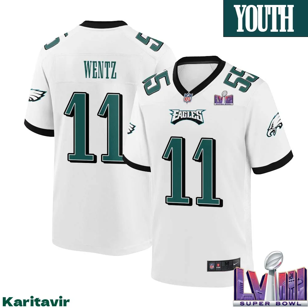 Carson Wentz No 11 Youth White Philadelphia Eagles Super Bowl LVIII Away Game Player Jersey
