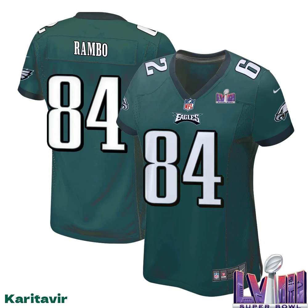 Charleston Rambo No 84 Women Midnight Green Philadelphia Eagles Super Bowl LVIII Home Game Player Jersey 1
