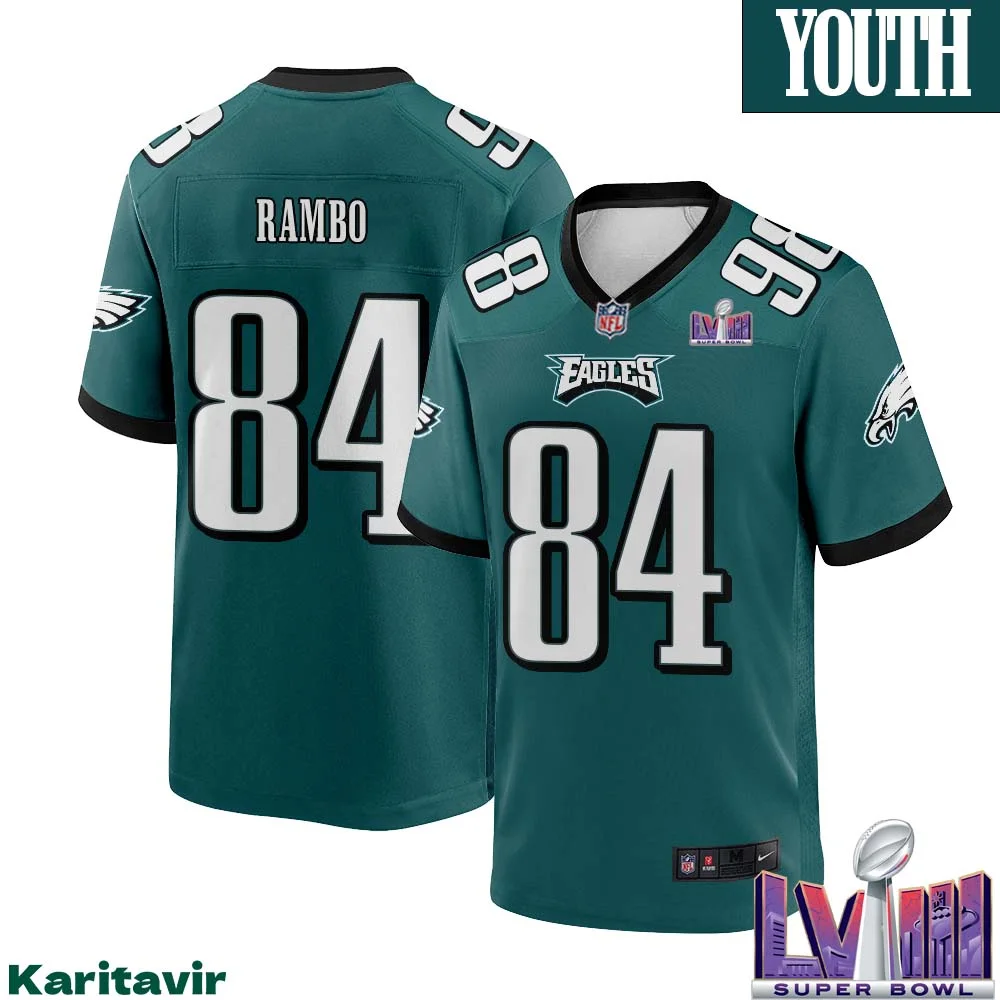 Charleston Rambo No 84 Youth Midnight Green Philadelphia Eagles Super Bowl LVIII Home Game Player Jersey