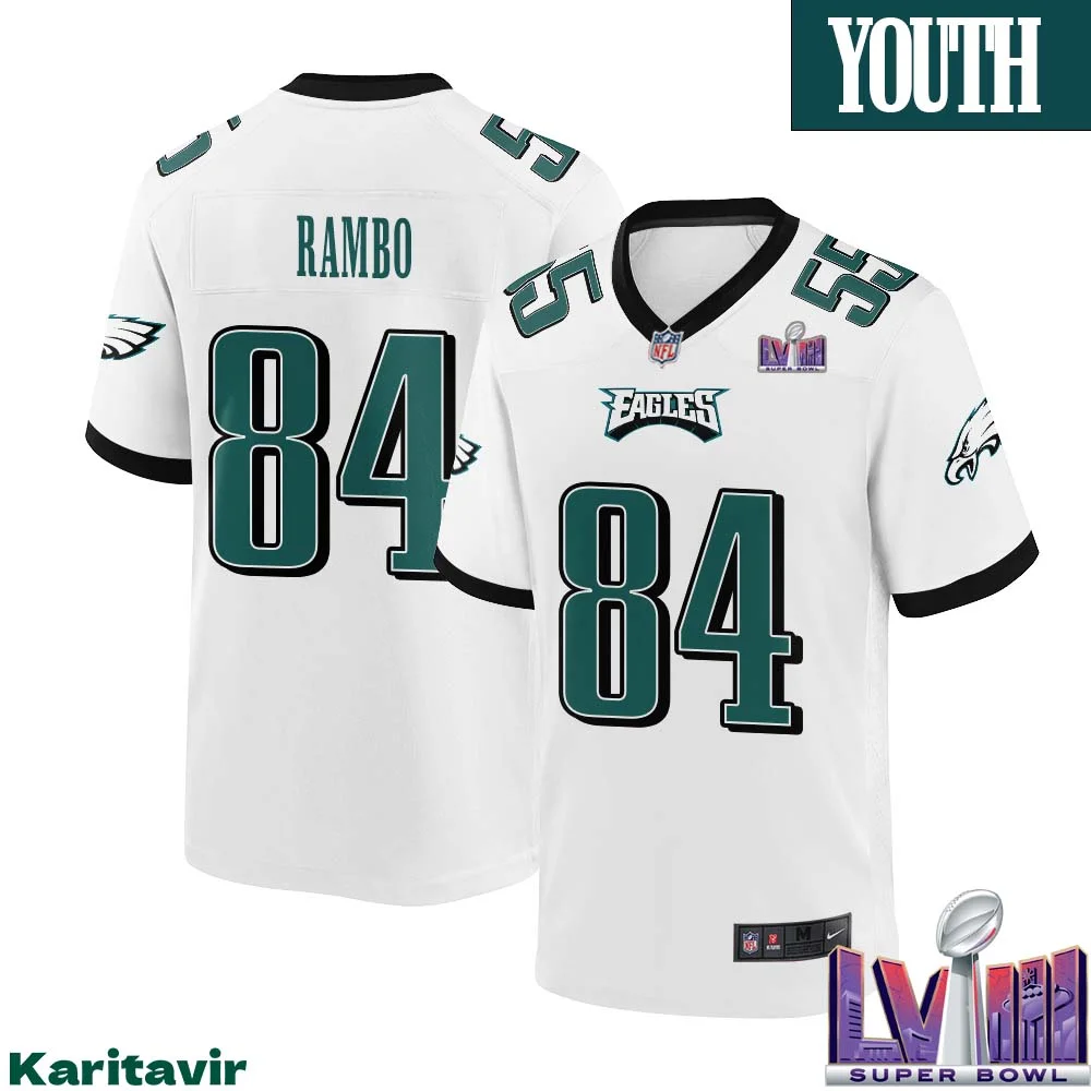 Charleston Rambo No 84 Youth White Philadelphia Eagles Super Bowl LVIII Away Game Player Jersey