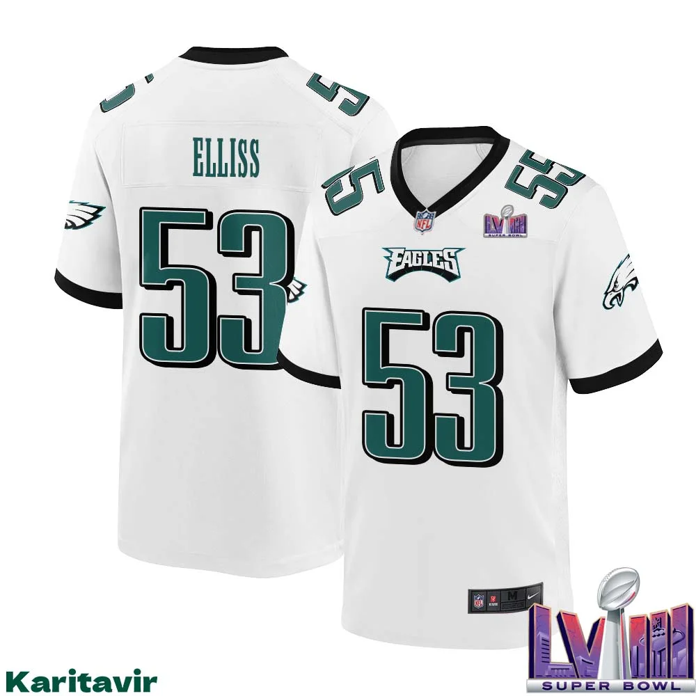 Christian Elliss No 53 Men White Philadelphia Eagles Super Bowl LVIII Away Game Player Jersey