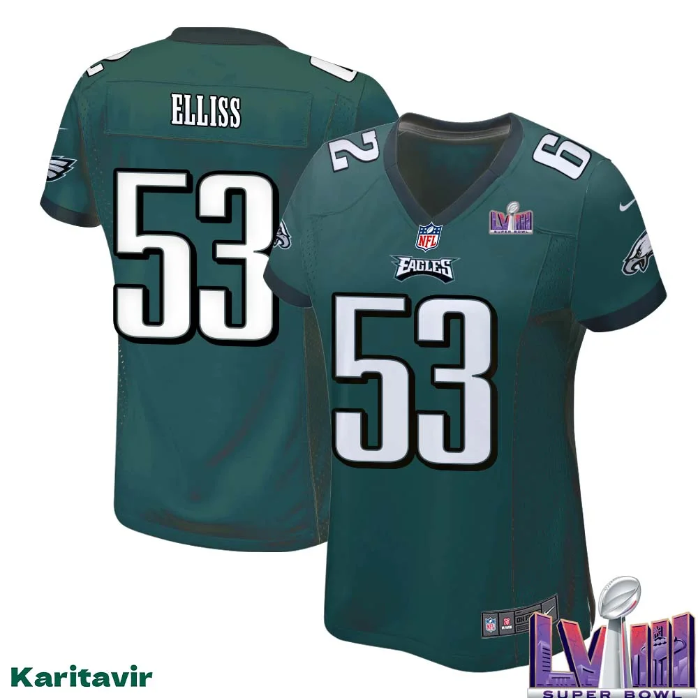 Christian Elliss No 53 Women Midnight Green Philadelphia Eagles Super Bowl LVIII Home Game Player Jersey 1