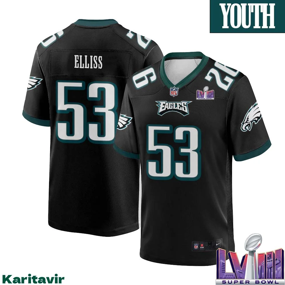 Christian Elliss No 53 Youth Black Philadelphia Eagles Super Bowl LVIII Alternate Game Player Jersey 1