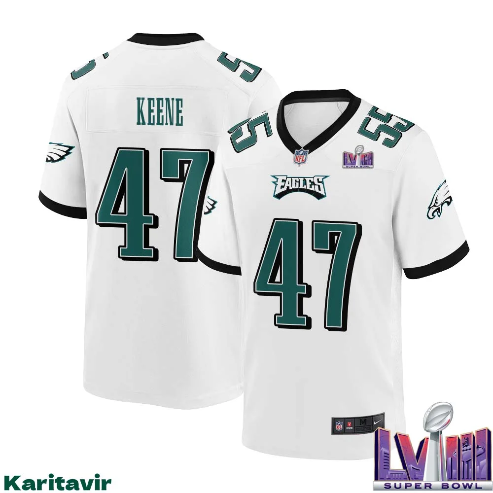 Dalton Keene No 47 Men White Philadelphia Eagles Super Bowl LVIII Away Game Player Jersey 1