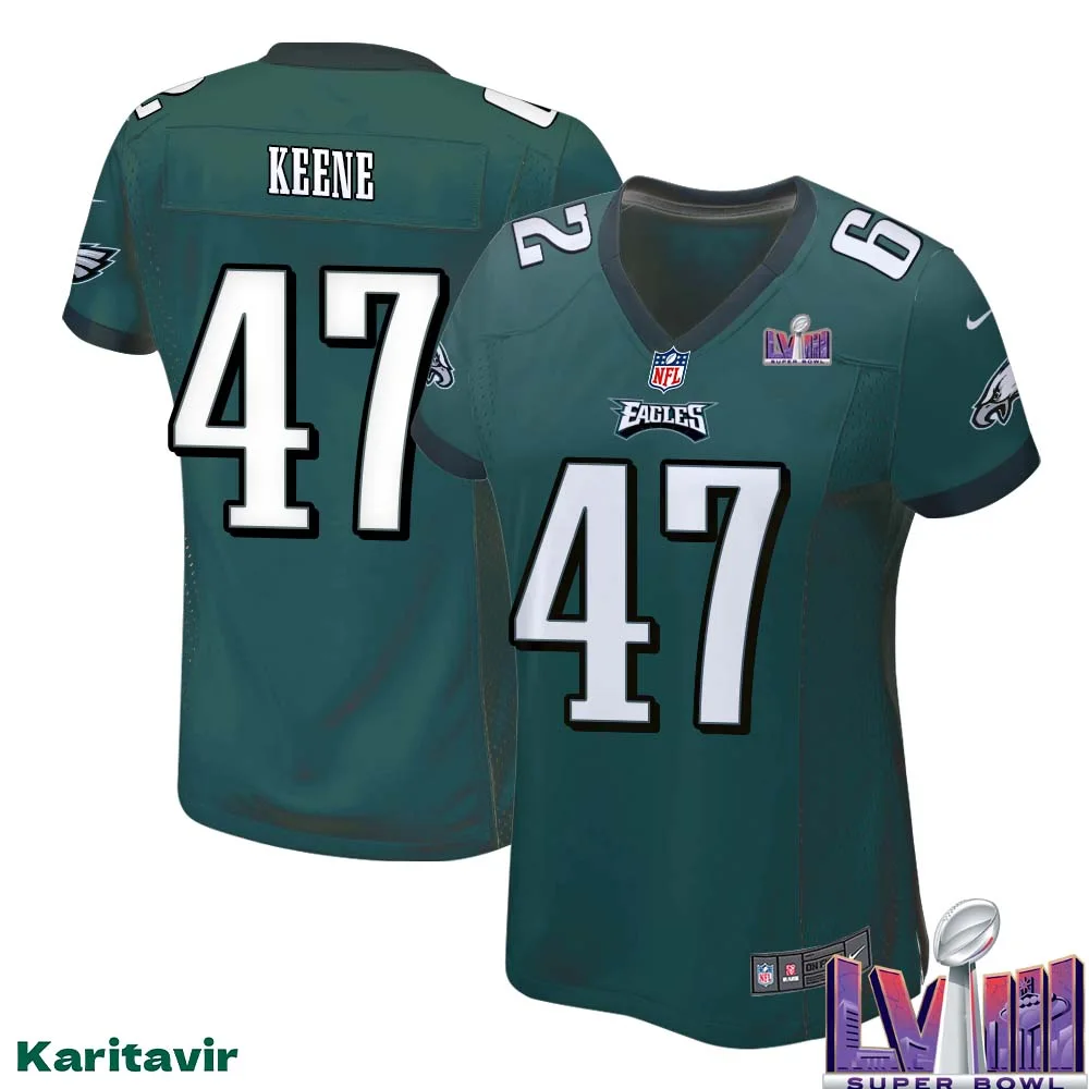 Dalton Keene No 47 Women Midnight Green Philadelphia Eagles Super Bowl LVIII Home Game Player Jersey 1