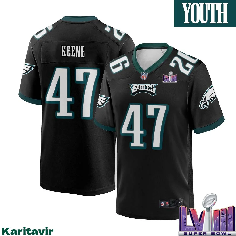 Dalton Keene No 47 Youth Black Philadelphia Eagles Super Bowl LVIII Alternate Game Player Jersey 1