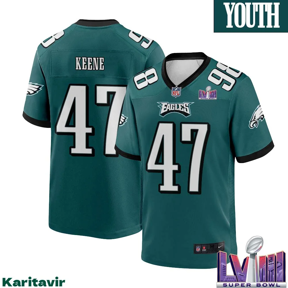 Dalton Keene No 47 Youth Midnight Green Philadelphia Eagles Super Bowl LVIII Home Game Player Jersey