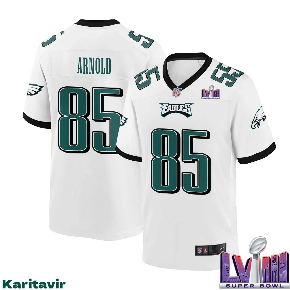 Dan Arnold No 85 Men White Philadelphia Eagles Super Bowl LVIII Away Game Player Jersey 1