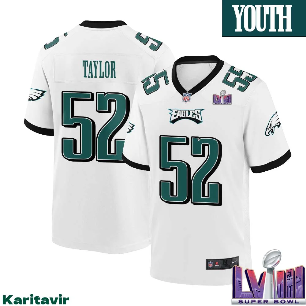 Davion Taylor No 52 Youth White Philadelphia Eagles Super Bowl LVIII Away Game Player Jersey