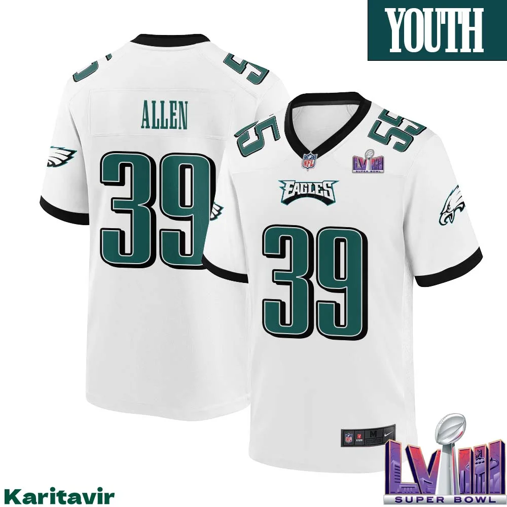 Devon Allen No 39 Youth White Philadelphia Eagles Super Bowl LVIII Away Game Player Jersey