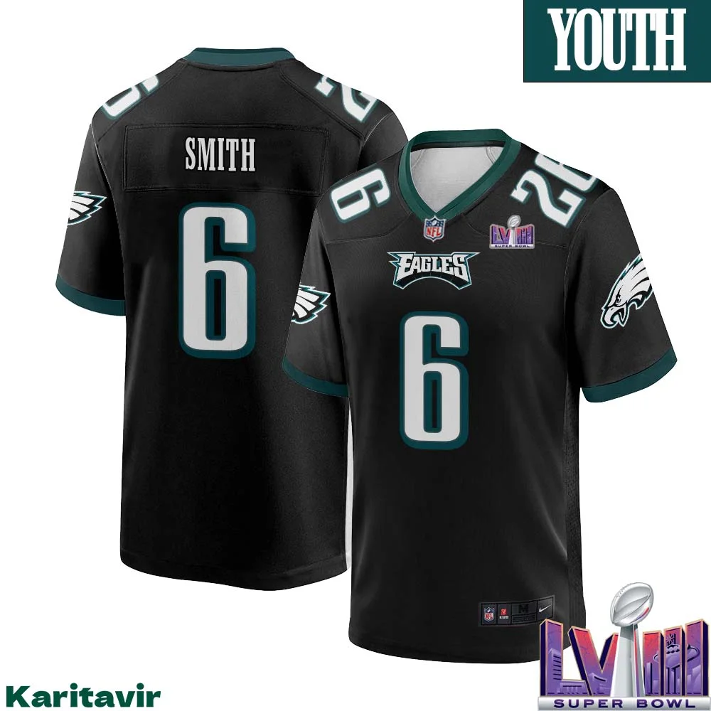 Devonta Smith No 6 Youth Black Philadelphia Eagles Super Bowl LVIII Alternate Game Player Jersey