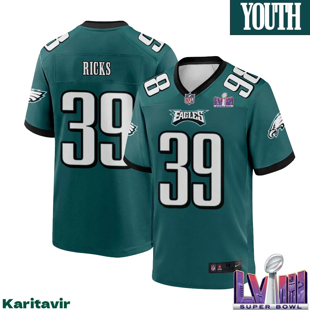 Eli Ricks No 39 Youth Midnight Green Philadelphia Eagles Super Bowl LVIII Home Game Player Jersey 1