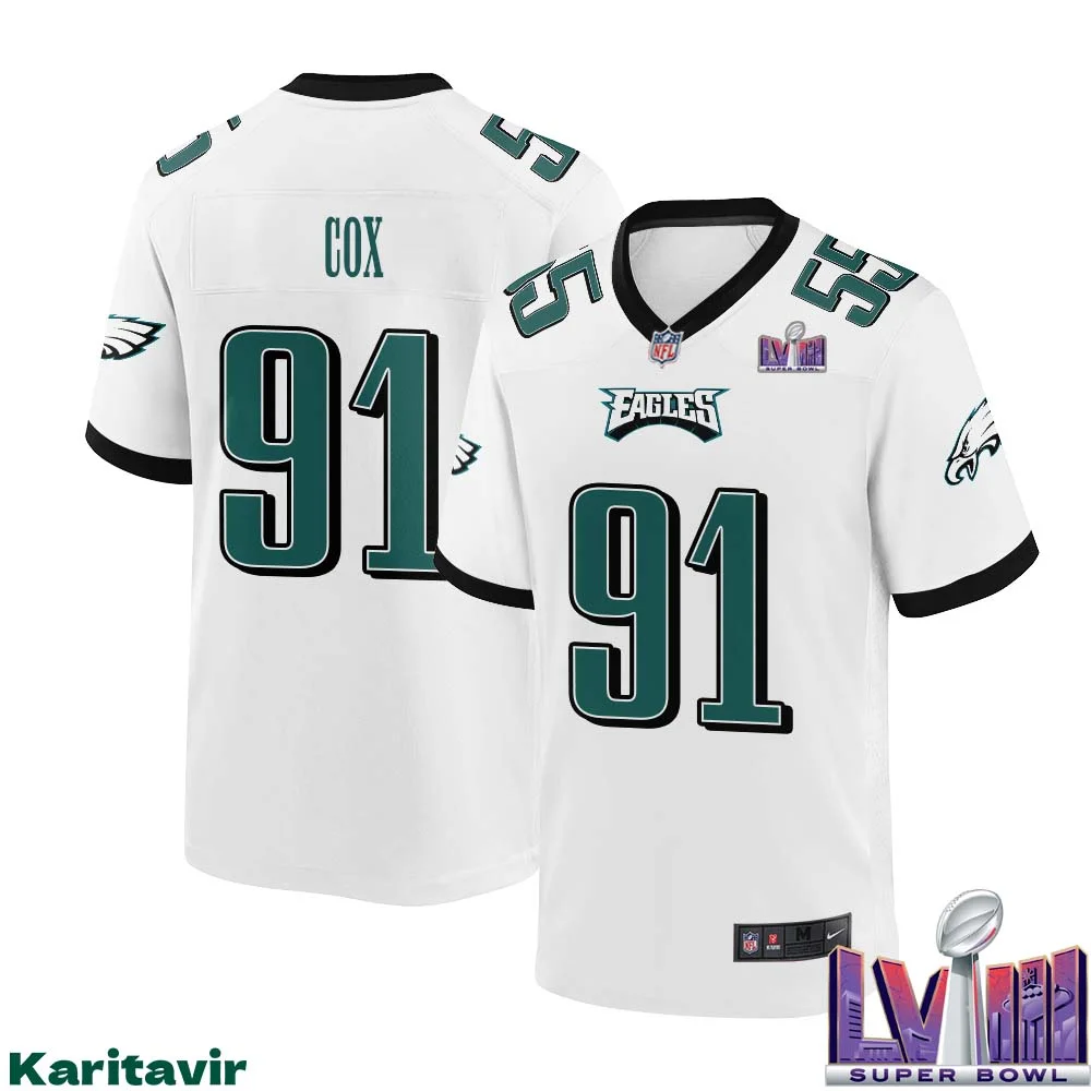 Fletcher Cox No 91 Men White Philadelphia Eagles Super Bowl LVIII Away Game Player Jersey 1