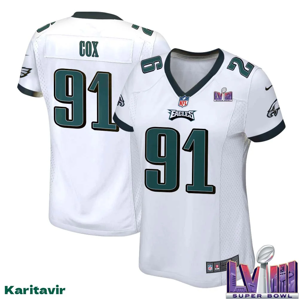 Fletcher Cox No 91 Women White Eagles Super Bowl LVIII Away Game Player Jersey 1