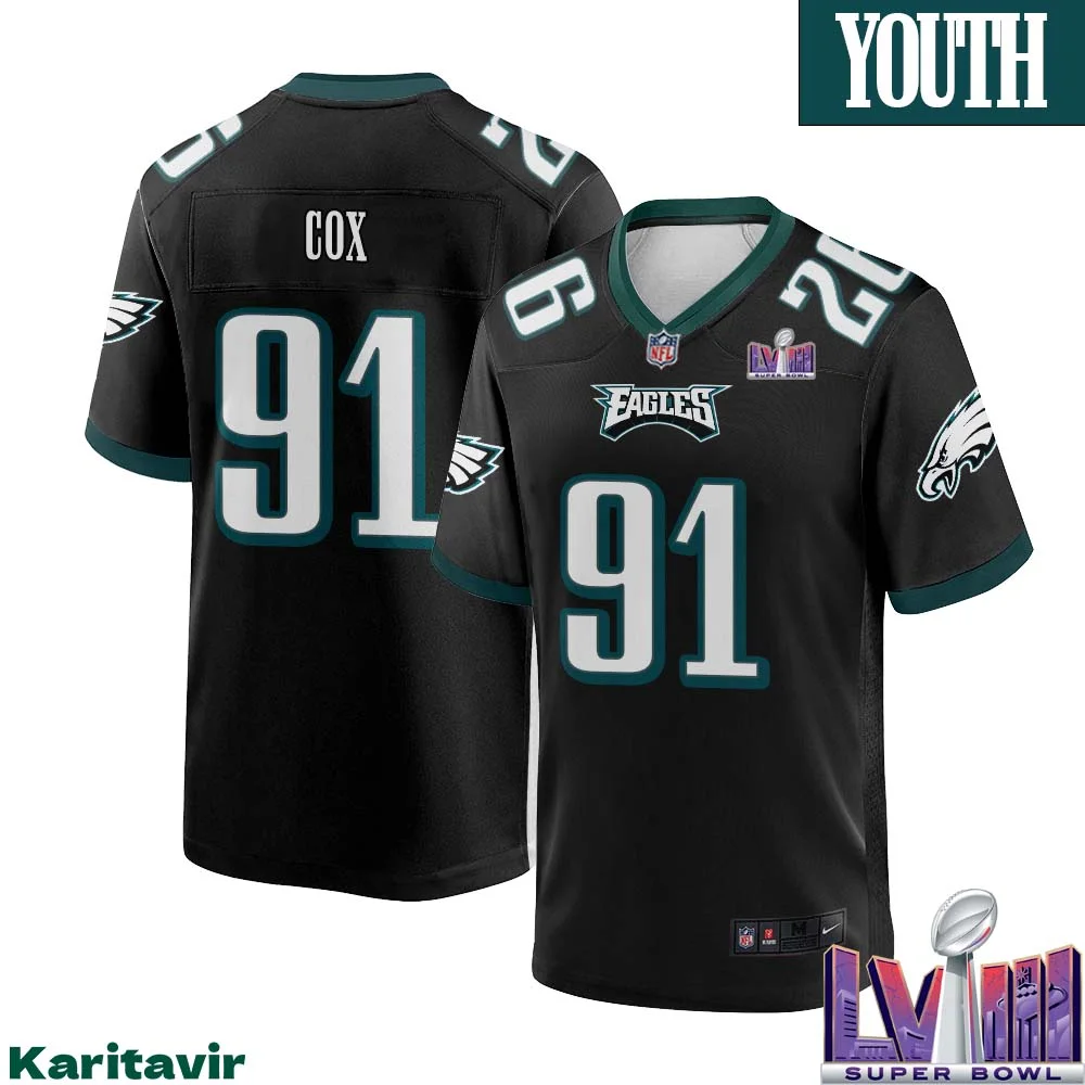 Fletcher Cox No 91 Youth Black Philadelphia Eagles Super Bowl LVIII Alternate Game Player Jersey
