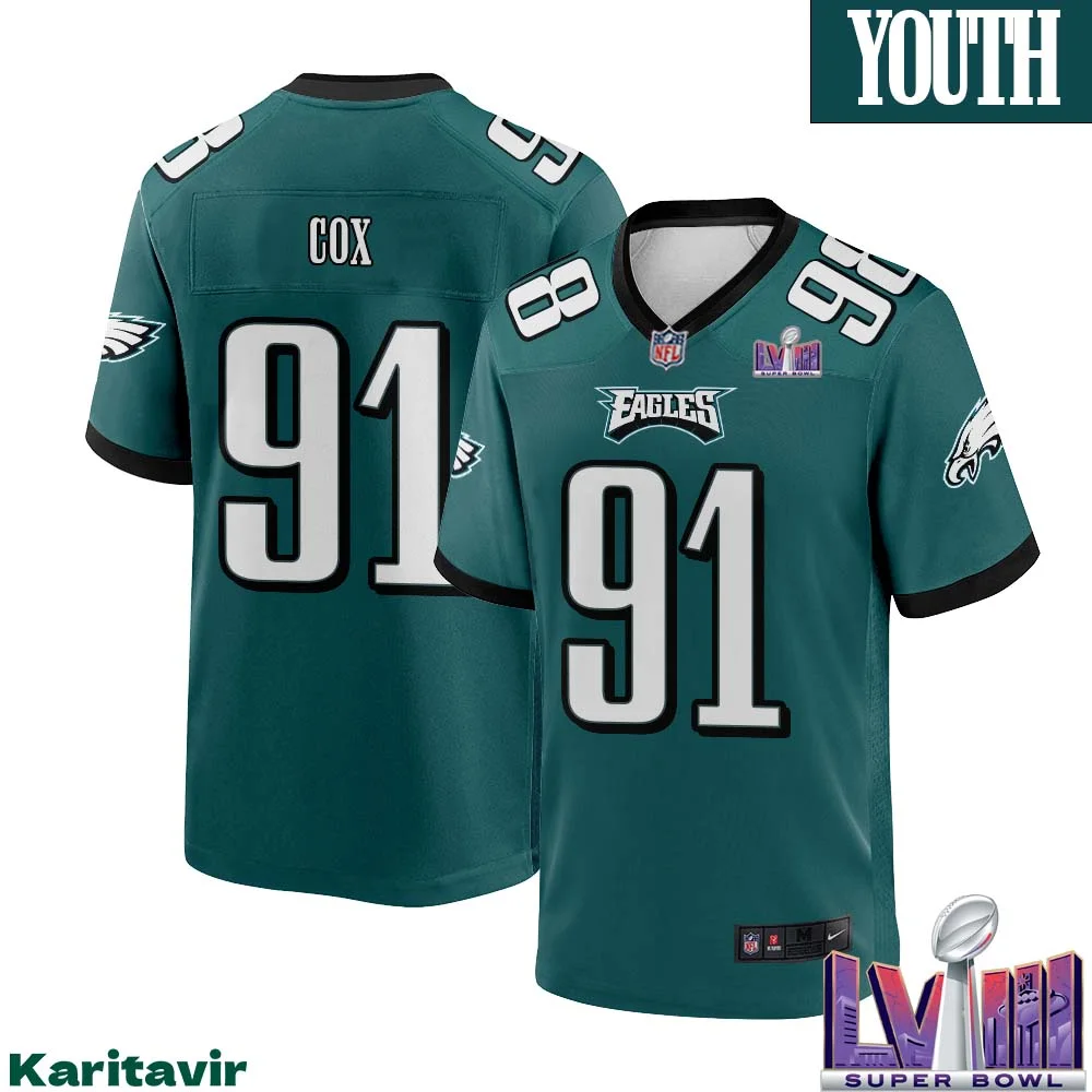 Fletcher Cox No 91 Youth Midnight Green Philadelphia Eagles Super Bowl LVIII Home Game Player Jersey