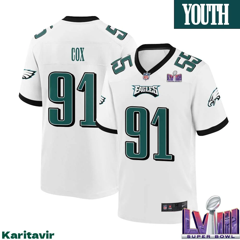 Fletcher Cox No 91 Youth White Philadelphia Eagles Super Bowl LVIII Away Game Player Jersey 1