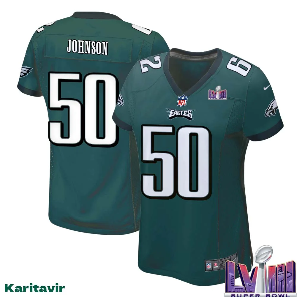 Fred Johnson No 50 Women Midnight Green Philadelphia Eagles Super Bowl LVIII Home Game Player Jersey