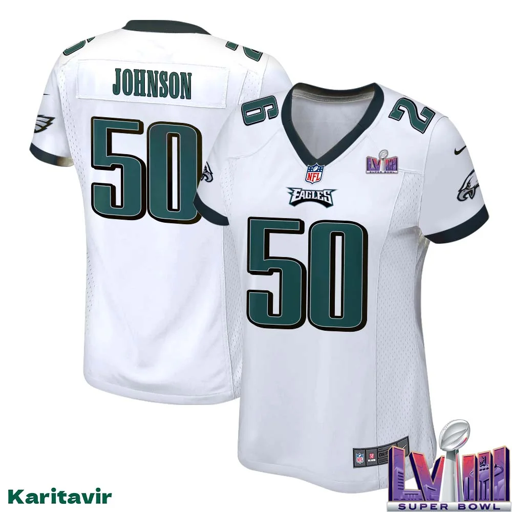 Fred Johnson No 50 Women White Eagles Super Bowl LVIII Away Game Player Jersey