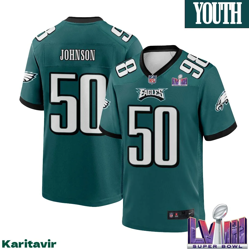 Fred Johnson No 50 Youth Midnight Green Philadelphia Eagles Super Bowl LVIII Home Game Player Jersey 1