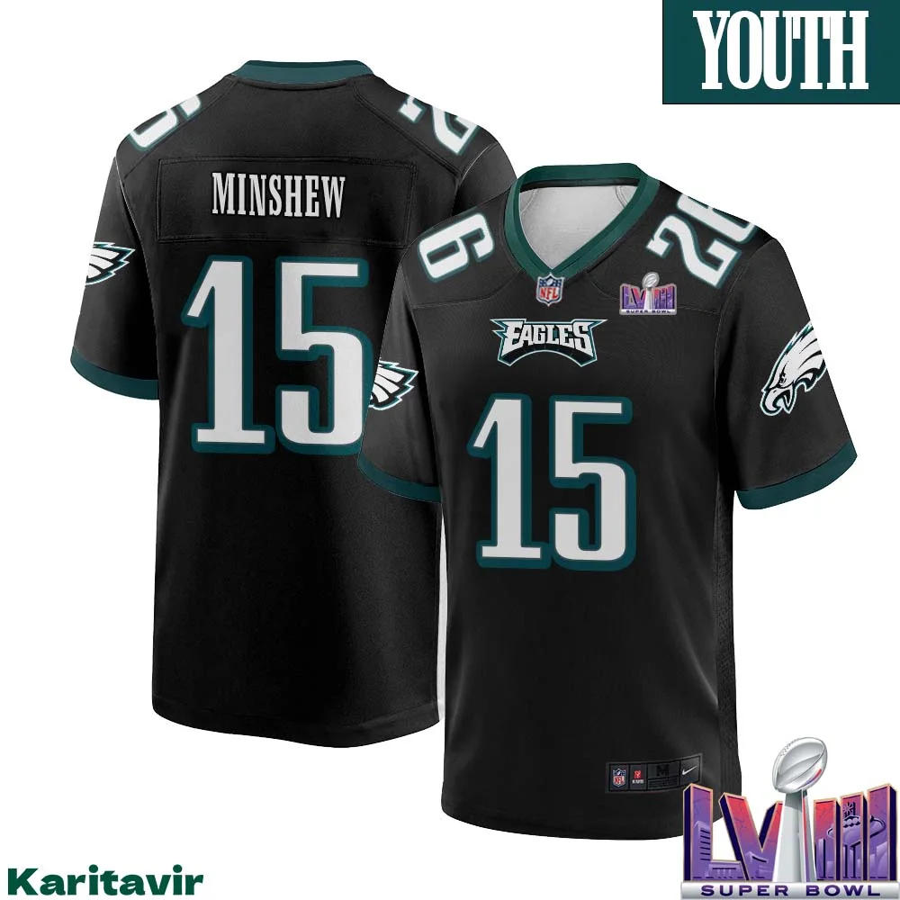Gardner Minshew No 15 Youth Black Philadelphia Eagles Super Bowl LVIII Alternate Game Player Jersey