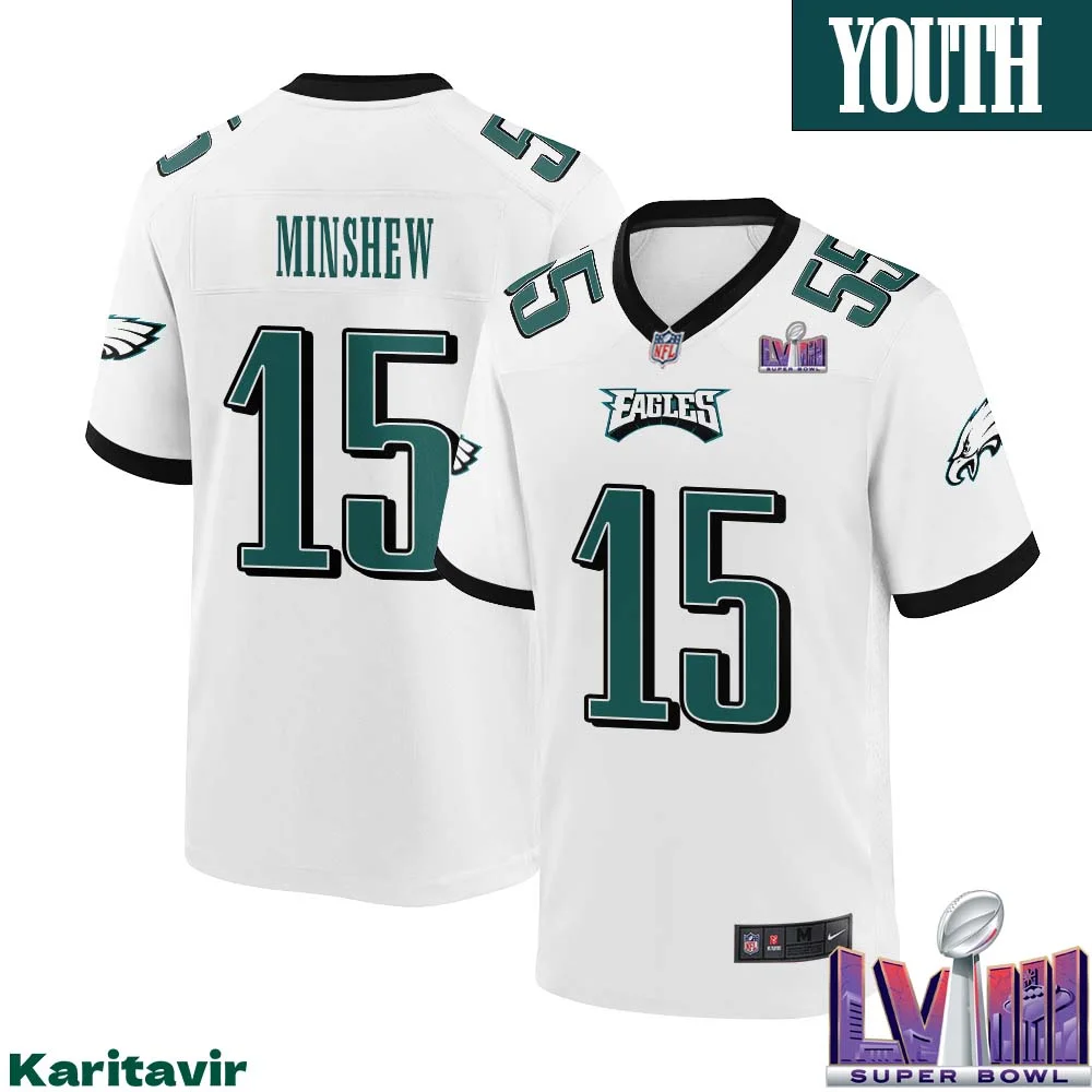 Gardner Minshew No 15 Youth White Philadelphia Eagles Super Bowl LVIII Away Game Player Jersey 1