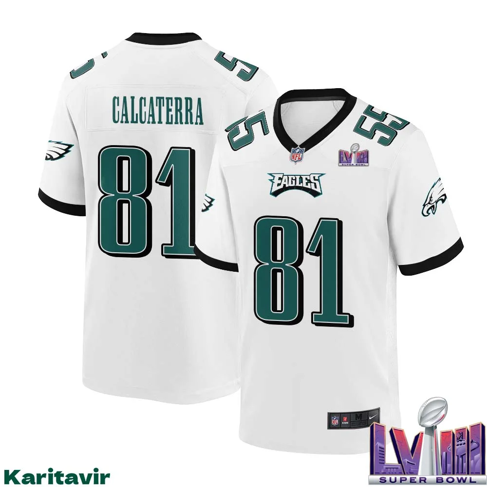 Grant Calcaterra No 81 Men White Philadelphia Eagles Super Bowl LVIII Away Game Player Jersey