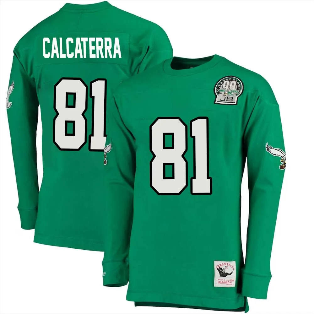 Grant Calcaterra No 81 Mitchell Ness Kelly Long Sleeve Top Green Philadelphia Eagles Throwback Retired Player