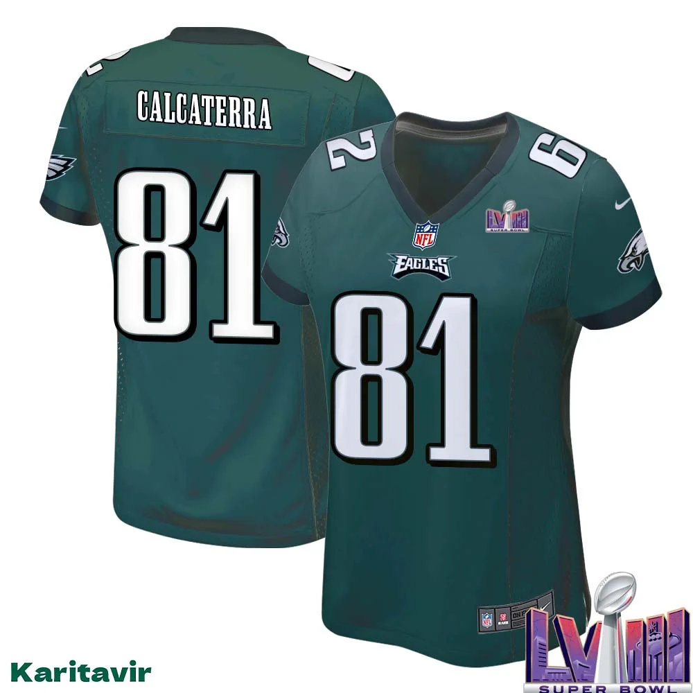 Grant Calcaterra No 81 Women Midnight Green Philadelphia Eagles Super Bowl LVIII Home Game Player Jersey