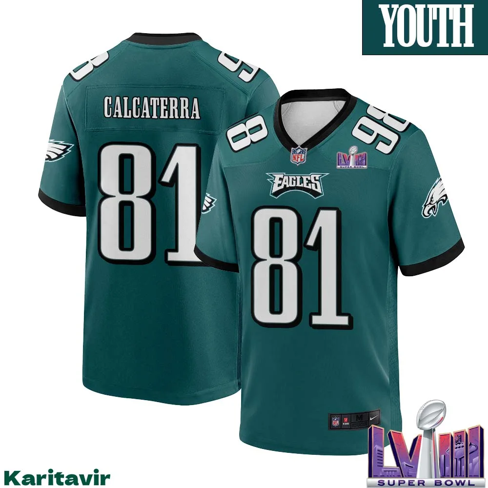 Grant Calcaterra No 81 Youth Midnight Green Philadelphia Eagles Super Bowl LVIII Home Game Player Jersey 1