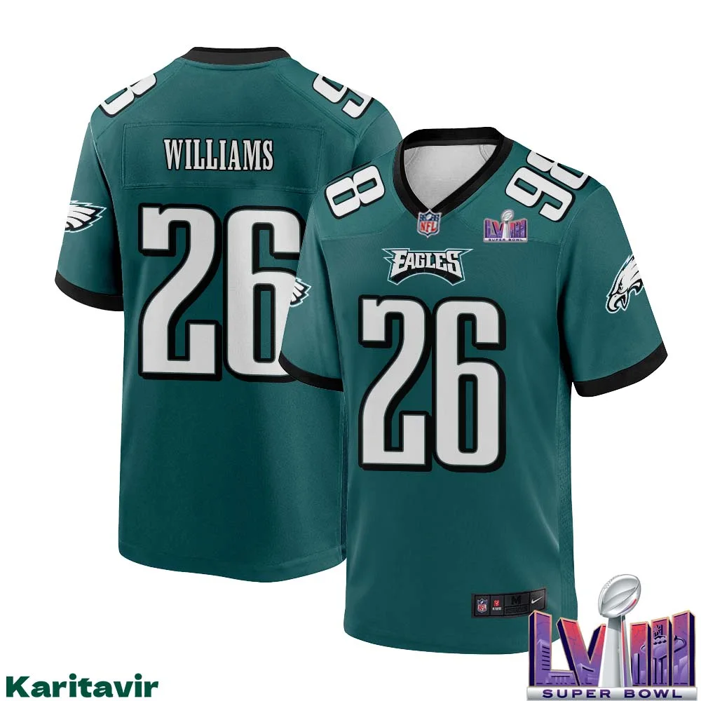 Greedy Williams No 26 Men Midnight Green Philadelphia Eagles Super Bowl LVIII Home Game Player Jersey 1