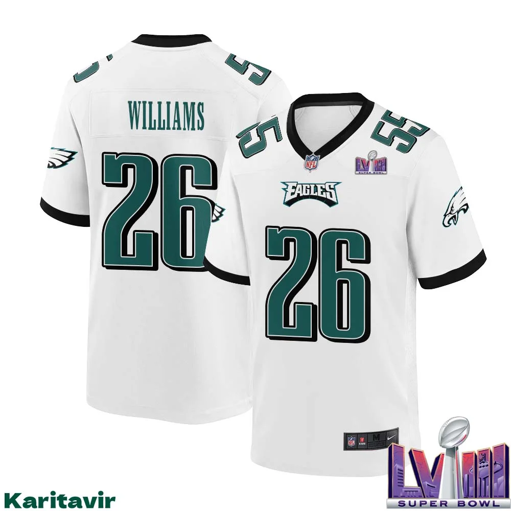 Greedy Williams No 26 Men White Philadelphia Eagles Super Bowl LVIII Away Game Player Jersey 1