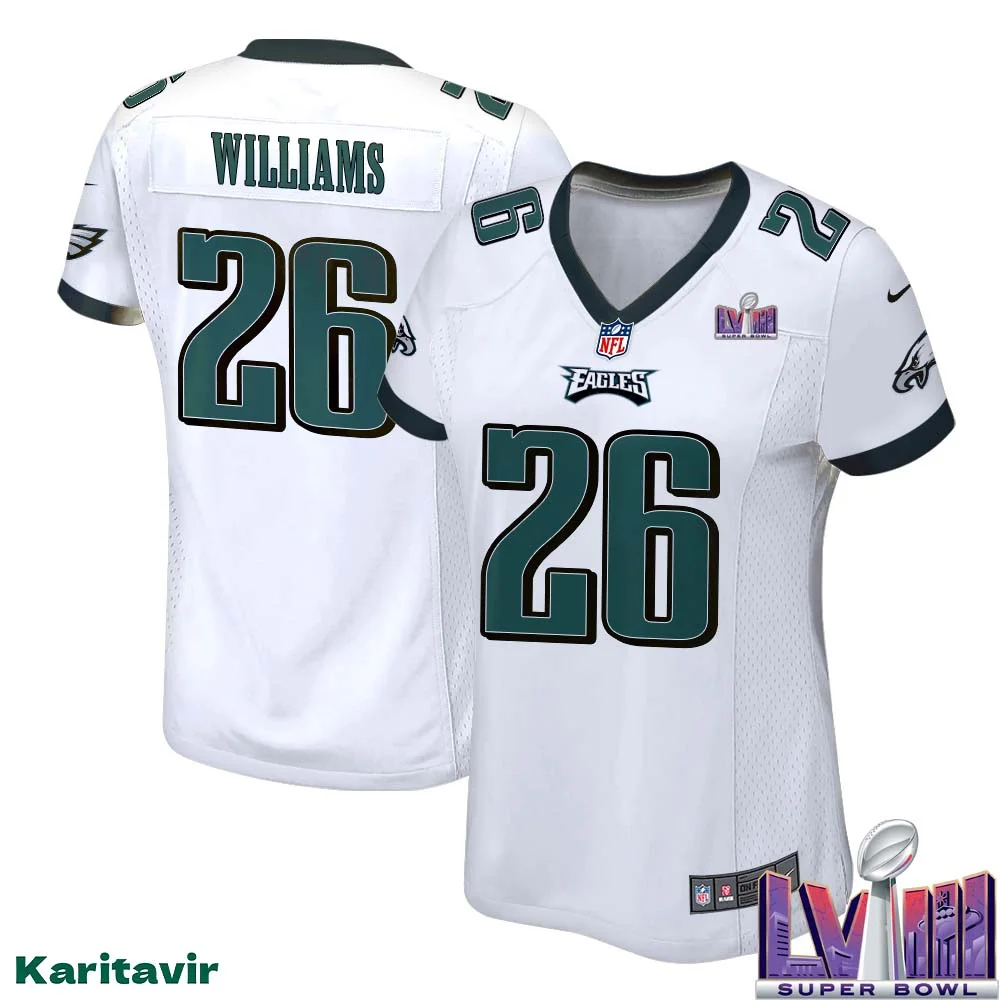 Greedy Williams No 26 Women White Eagles Super Bowl LVIII Away Game Player Jersey